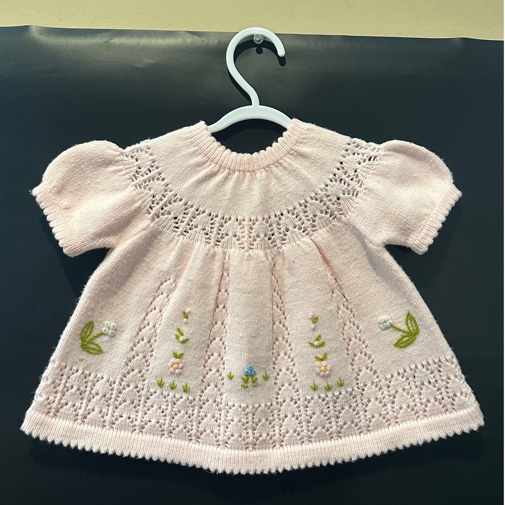 Vintage Sears Baby Girl Pink Knit Pointelle Floral Embroidered 12-18 Months